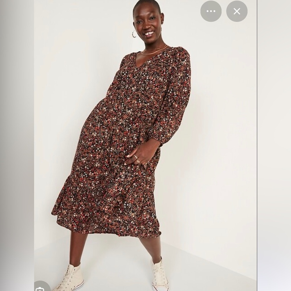 Old Navy Black Floral Long-Sleeve Fit & Flare Tiered Midi Dress